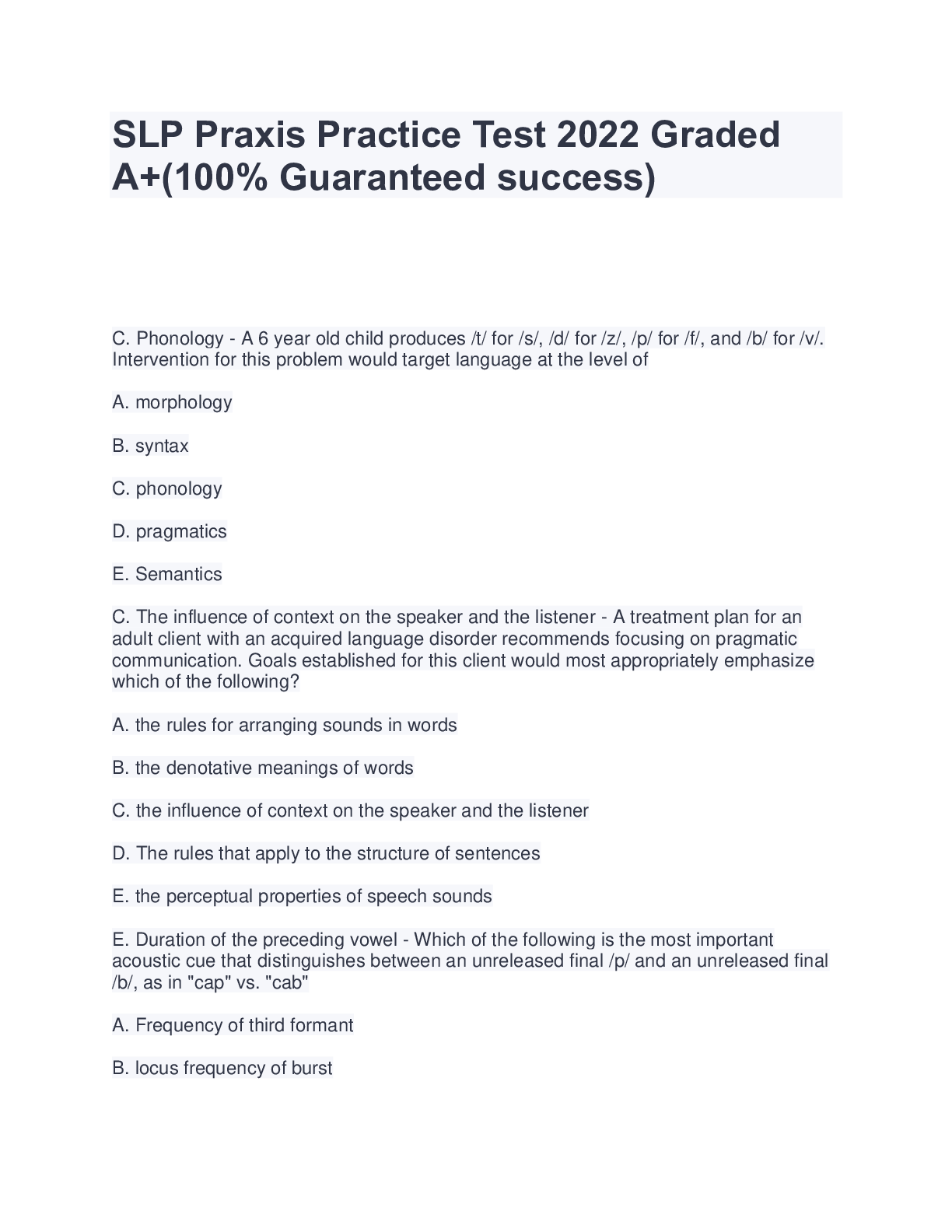 Preview of SLP Praxis Practice Test 2022 Graded A+(100% Guaranteed success)